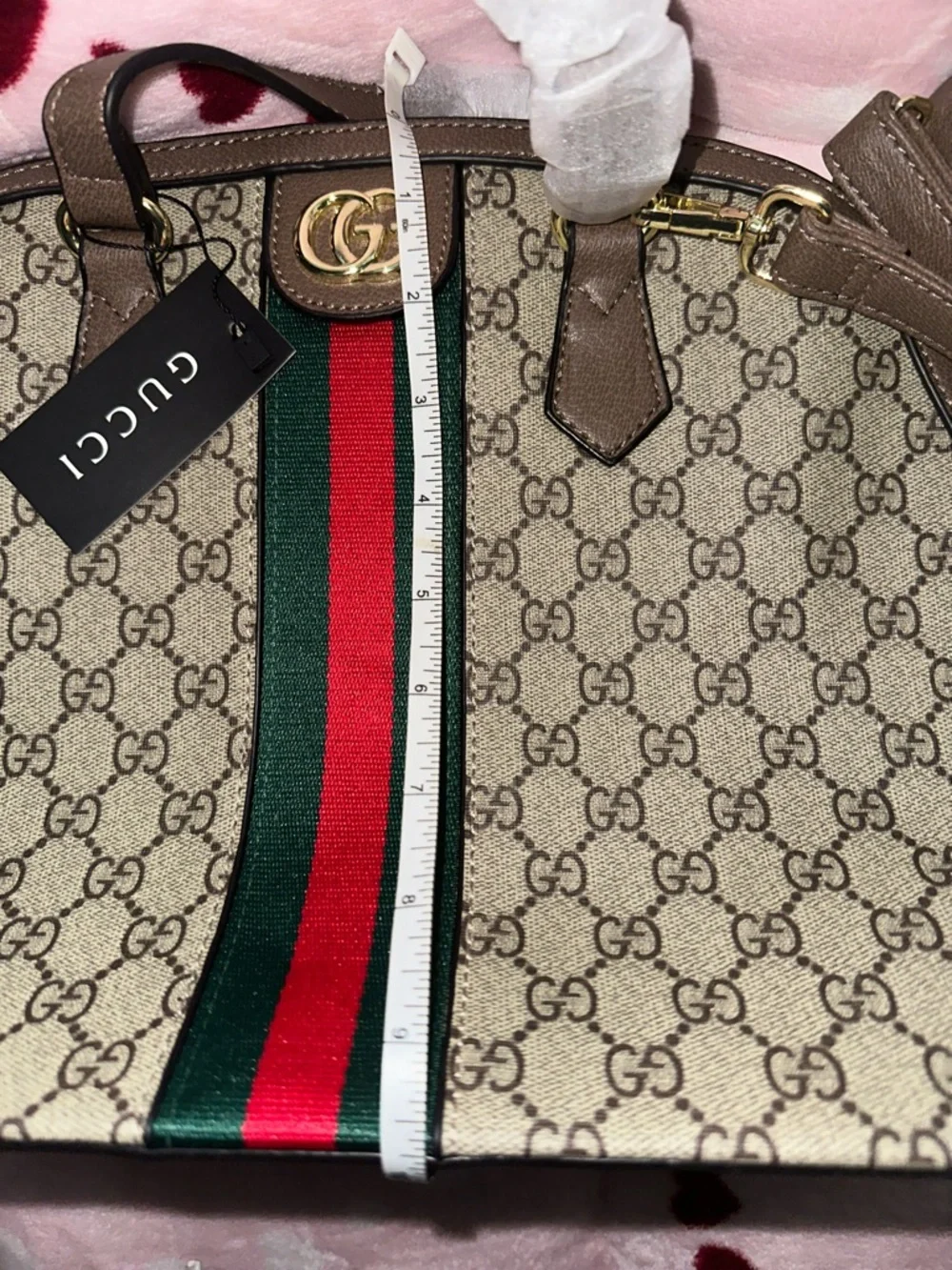 Beige GG Supreme Dome Satchel with Green-Red Web Stripe - Picture 10 of 11